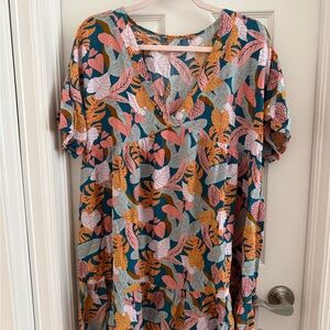 Cupshe Teal Tropical Leaf Print Dress with Pink and Mustard Accents